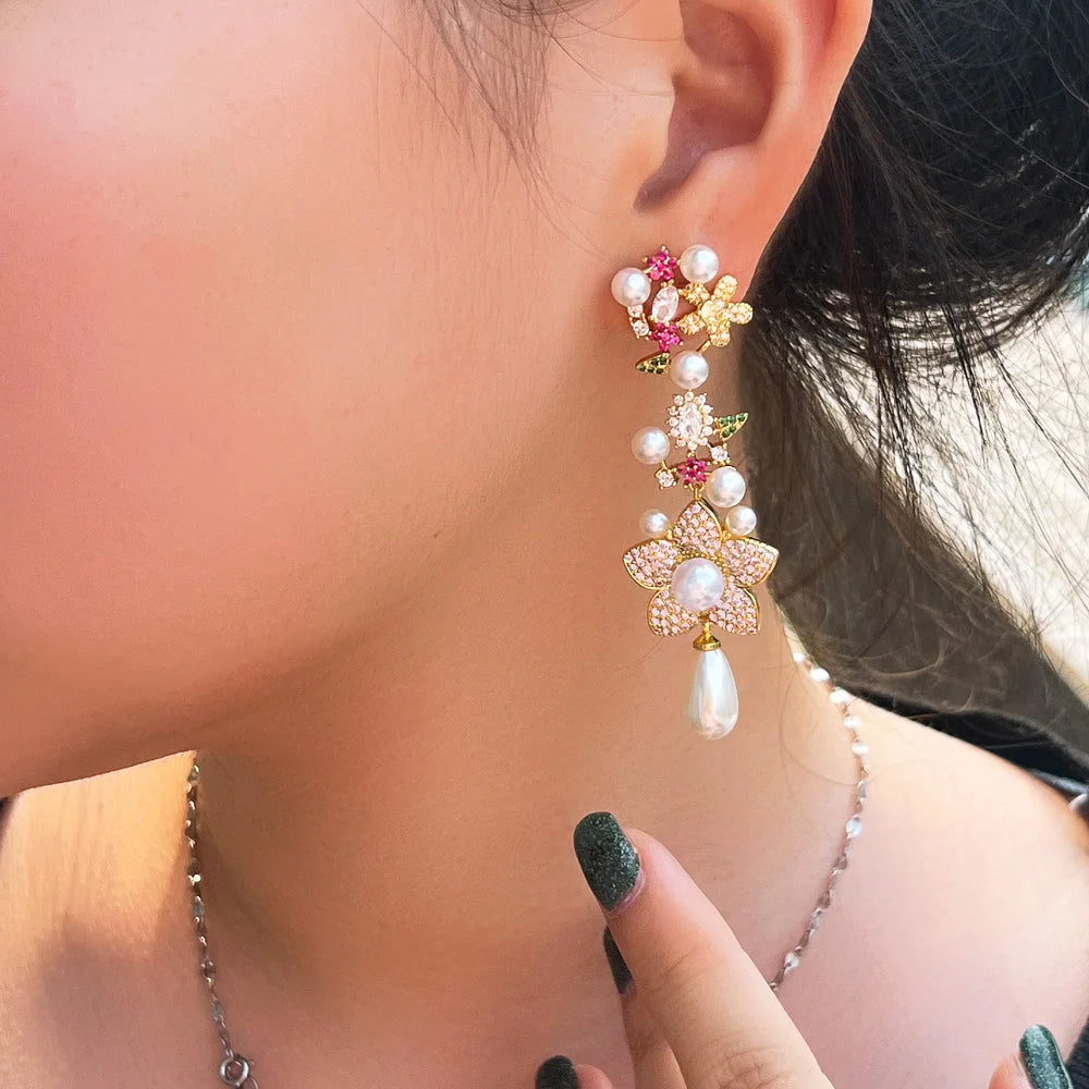 Pink & Red Cubic Zirconia Pave Flower Dangle Drop Pearl Earrings for Women | Festive & Wedding Jewelry