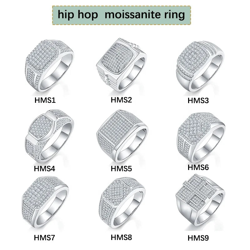 Hip Hop Iced Out Moissanite Ring for Men – 925 Sterling Silver D Color VVS1 Round Brilliant Cut Stefanos