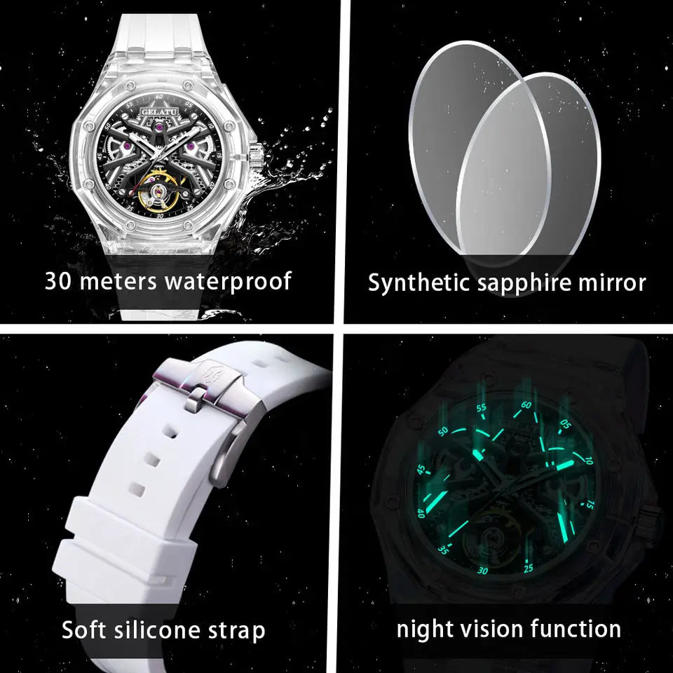 GELATU 8002 Men’s Automatic Mechanical Watch – Transparent Skeleton Dial, Waterproof Sport Design 2025 Samwell