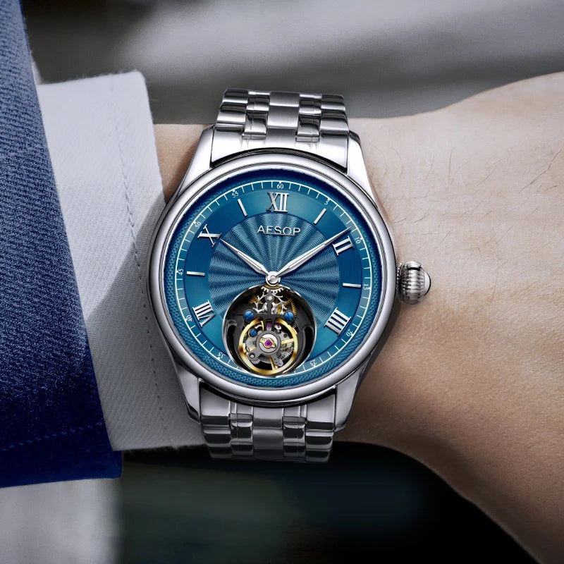 AESOP 7041 Luxury Skeleton Tourbillon Men’s Watch – Roman Numerals, Stainless Steel, Sapphire Crystal Automatic