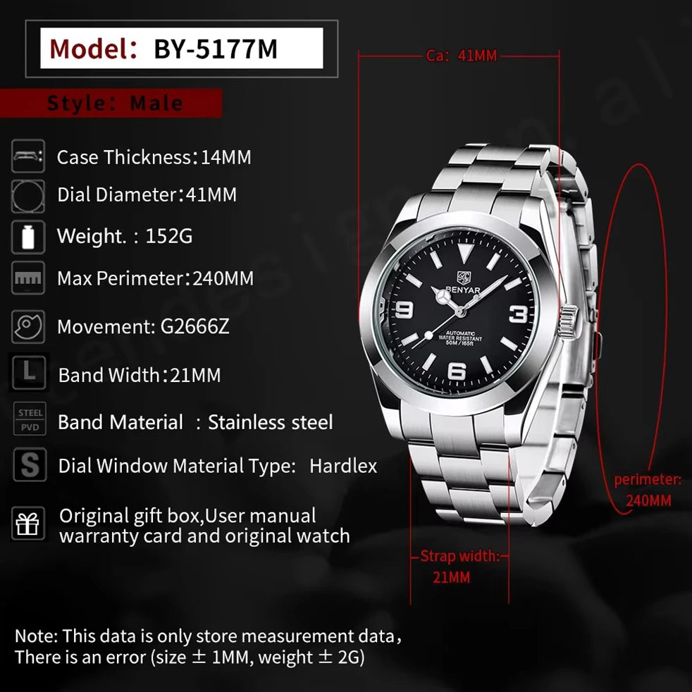 BENYAR 5177 Automatic Watch for Men – 50M Waterproof Stainless Steel Luxury Business Sports Wristwatch