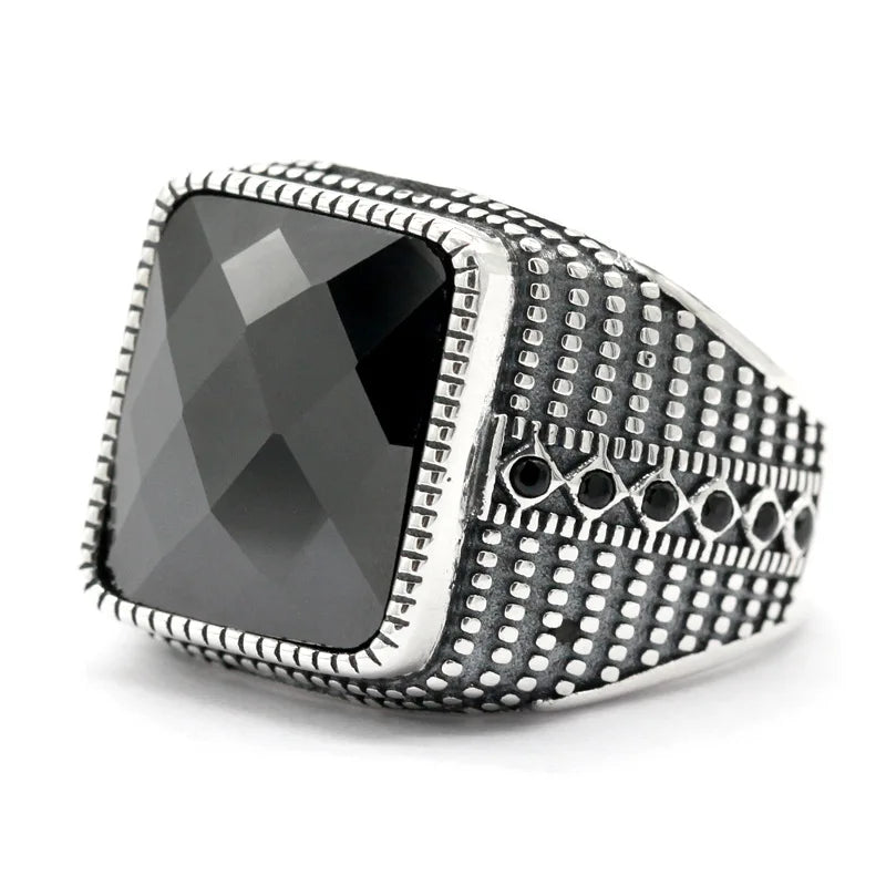 Men’s Black Agate Ring 925 Sterling Silver – Square Gemstone Jewelry Gift Vasilis