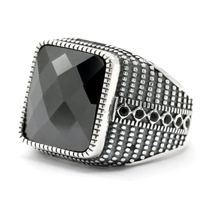 Men’s Black Agate Ring 925 Sterling Silver – Square Gemstone Jewelry Gift Vasilis