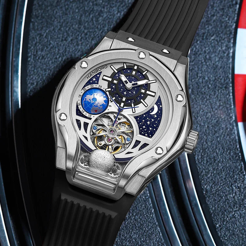 Luxury Men’s Automatic Mechanical Watch – Hollow Starry Sky Dial, Luminous Hands, Waterproof Silicone Strap, Business Fashion Wristwatch Taha