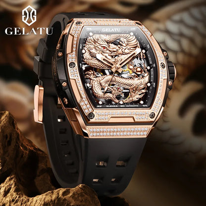Gelatu 6021 Men’s Automatic Mechanical Watch – Hollow Dragon Skeleton Dial, Diamond-Accented Case, Waterproof Silicone Strap Eddard