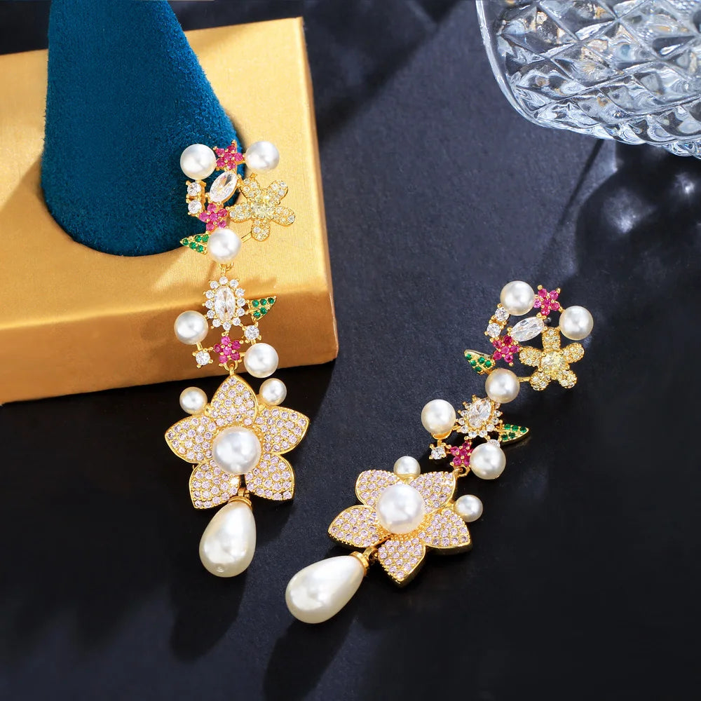 Pink & Red Cubic Zirconia Pave Flower Dangle Drop Pearl Earrings for Women | Festive & Wedding Jewelry