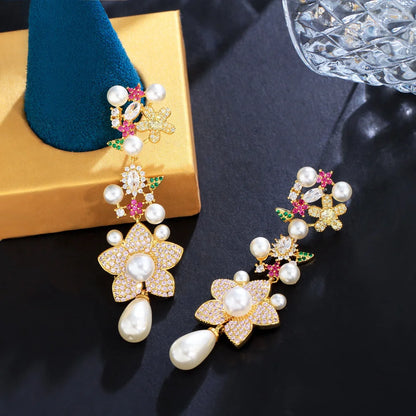 Pink & Red Cubic Zirconia Pave Flower Dangle Drop Pearl Earrings for Women | Festive & Wedding Jewelry