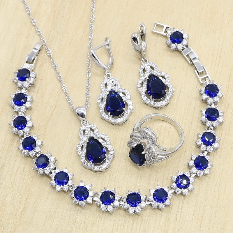 925 Sterling Silver Royal Blue Jewelry Set for Women – Necklace, Earrings, Ring & Bracelet, Bridal Wedding & Party Gift Glimra