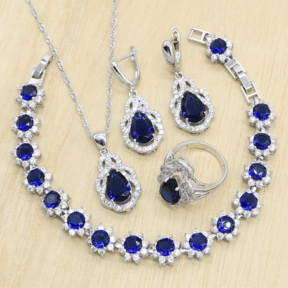 925 Sterling Silver Royal Blue Jewelry Set for Women – Necklace, Earrings, Ring & Bracelet, Bridal Wedding & Party Gift Glimra