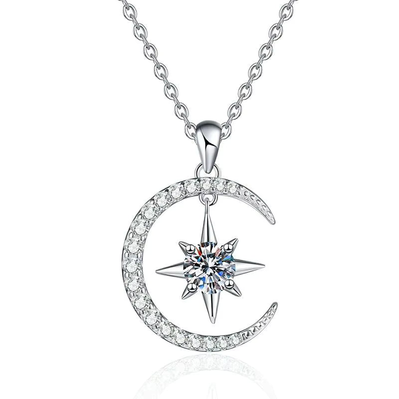 D Color Moissanite Necklace – 925 Sterling Silver Moon & Star Pendant for Women