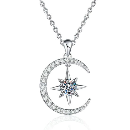 D Color Moissanite Necklace – 925 Sterling Silver Moon & Star Pendant for Women