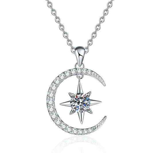 D Color Moissanite Necklace – 925 Sterling Silver Moon & Star Pendant for Women