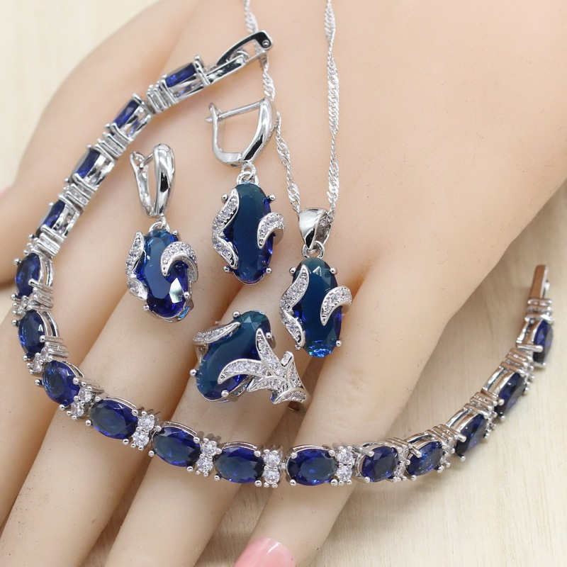 Royal Blue Silver-Tone Jewelry Set for Women – Bracelet, Earrings & Ring, Classic Wedding, Engagement & Bridal Gift Petalia