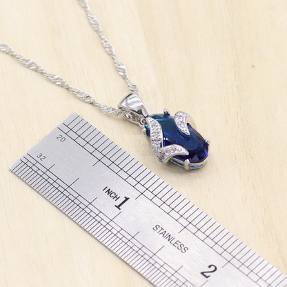 Royal Blue Silver-Tone Jewelry Set for Women – Bracelet, Earrings & Ring, Classic Wedding, Engagement & Bridal Gift Petalia