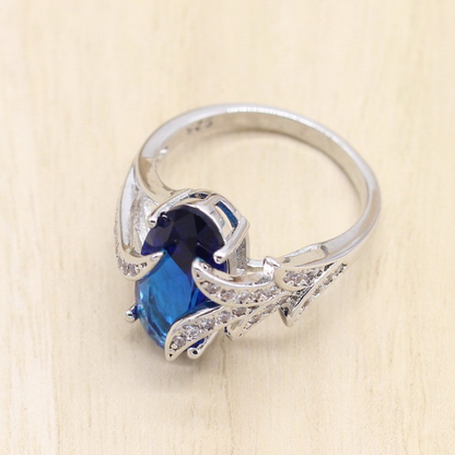Royal Blue Silver-Tone Jewelry Set for Women – Bracelet, Earrings & Ring, Classic Wedding, Engagement & Bridal Gift Petalia
