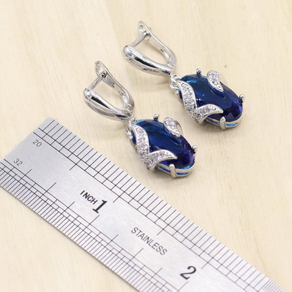 Royal Blue Silver-Tone Jewelry Set for Women – Bracelet, Earrings & Ring, Classic Wedding, Engagement & Bridal Gift Petalia