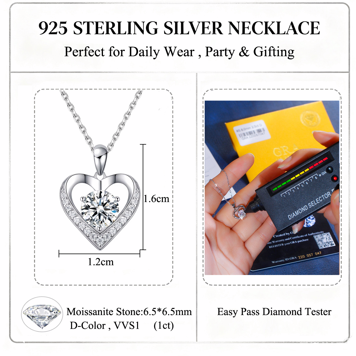 1ct D Color VVS1 Round Brilliant Moissanite Heart Pendant Necklace in 925 Sterling Silver Riane