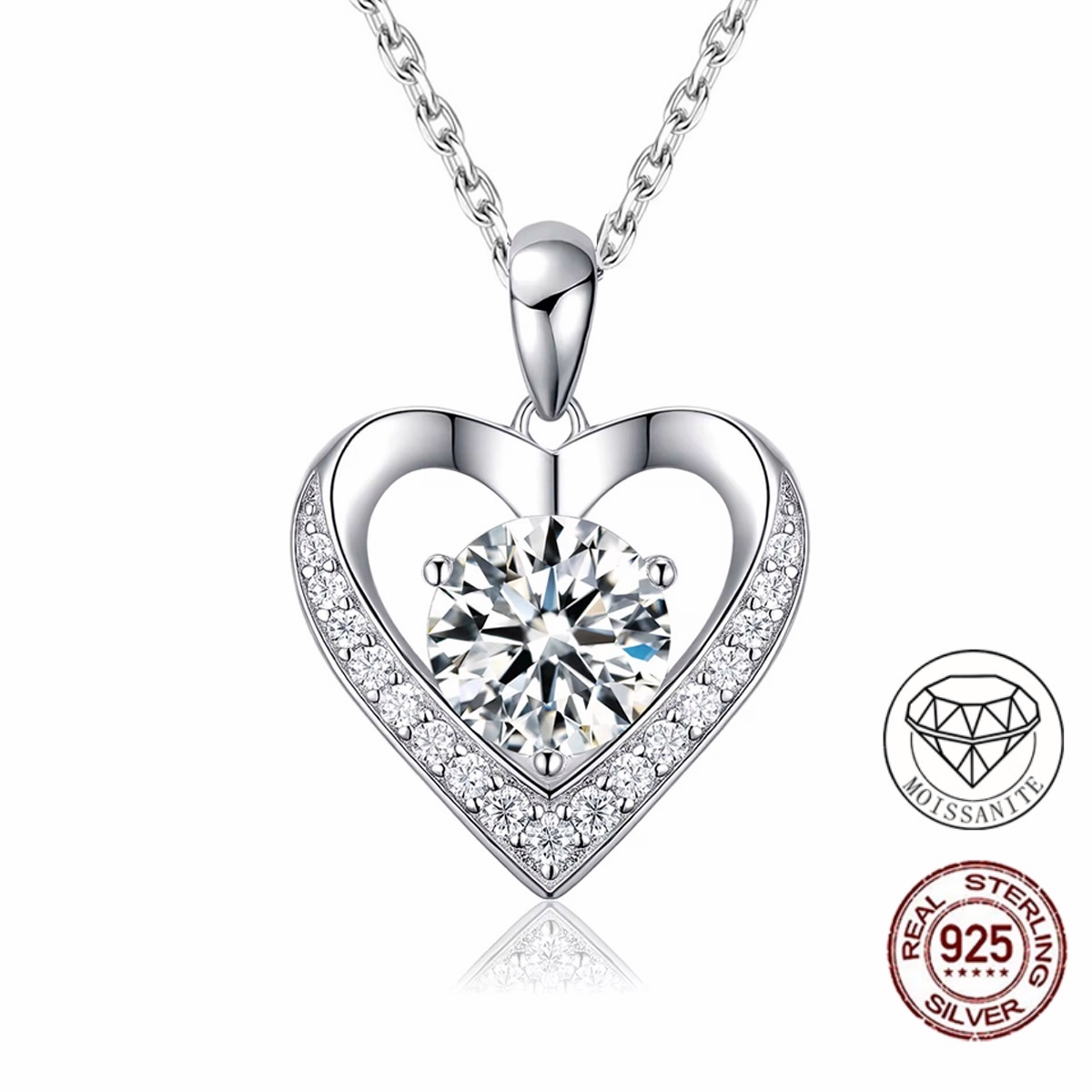 1ct D Color VVS1 Round Brilliant Moissanite Heart Pendant Necklace in 925 Sterling Silver Riane