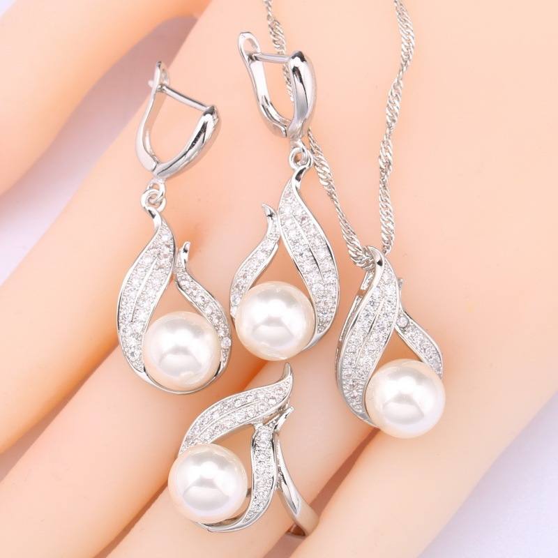 White Pearl & Zircon Jewelry Set for Women – Silver-Tone Necklace, Earrings, Bracelet & Ring for Weddings, Engagements & Parties Twillia