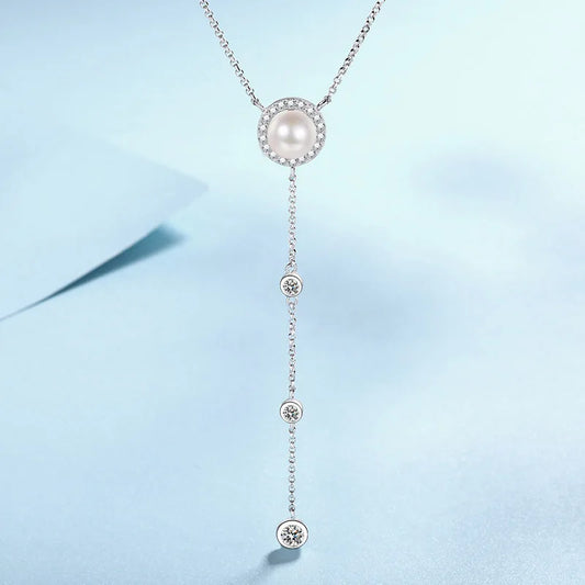 S925 Silver 0.5ct Moissanite & Freshwater Pearl Tassel Necklace | Korean Style Luxury Jewelry | Simple, Elegant Design for Parties & Special Occasions Agathe