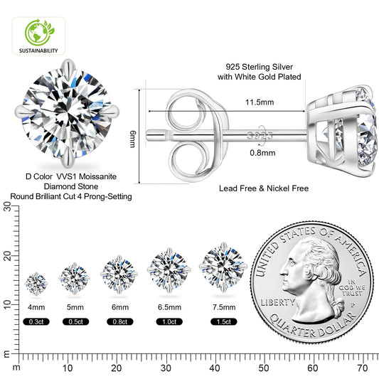 Sparkly Moissanite Stud Earrings - 925 Sterling Silver & 14K White Gold Jewelry for Men and Women