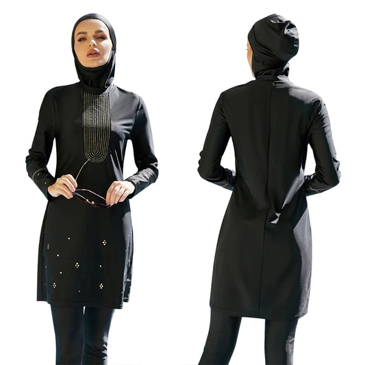 Modest Muslim Sunscreen Swimwear | Bling Three-Piece Burkini with Print Design Fiza