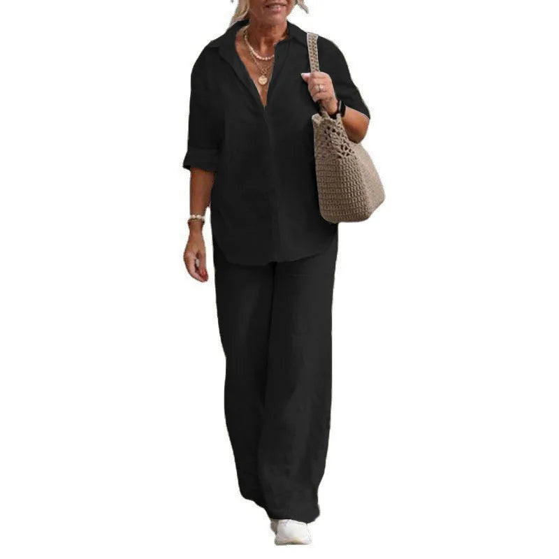 Women Casual Solid Color Pants Wide Leg Set