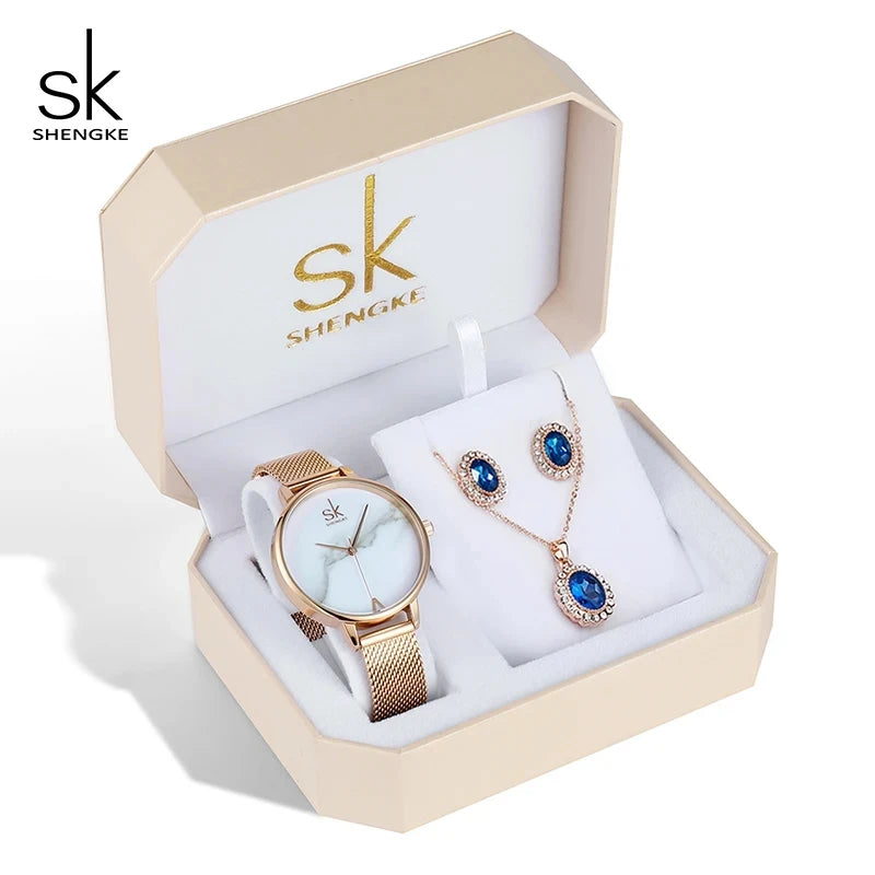 SK Women’s Watch and Bracelet Set – Fashion Bling Jewelry Gift Set with Necklace | Stylish Ladies Wristwatch Set