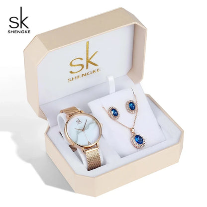 SK Women’s Watch and Bracelet Set – Fashion Bling Jewelry Gift Set with Necklace | Stylish Ladies Wristwatch Set