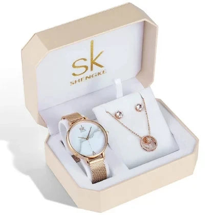 SK Women’s Watch and Bracelet Set – Fashion Bling Jewelry Gift Set with Necklace | Stylish Ladies Wristwatch Set