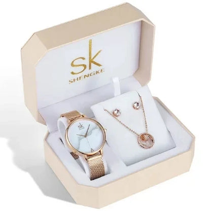 SK Women’s Watch and Bracelet Set – Fashion Bling Jewelry Gift Set with Necklace | Stylish Ladies Wristwatch Set