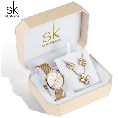 SK Women’s Watch and Bracelet Set – Fashion Bling Jewelry Gift Set with Necklace | Stylish Ladies Wristwatch Set