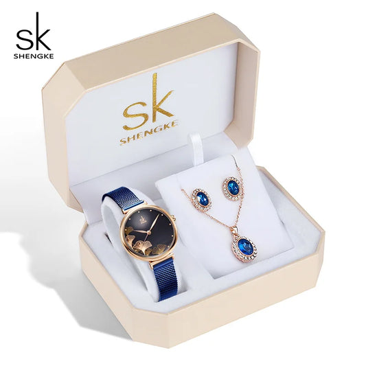 SHENGKE Luxury Blue Women’s Watch Gift Set – Jewelry Collection with Necklace & Earrings Olivia