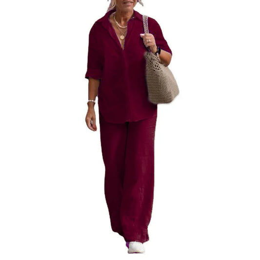 Women Casual Solid Color Pants Wide Leg Set