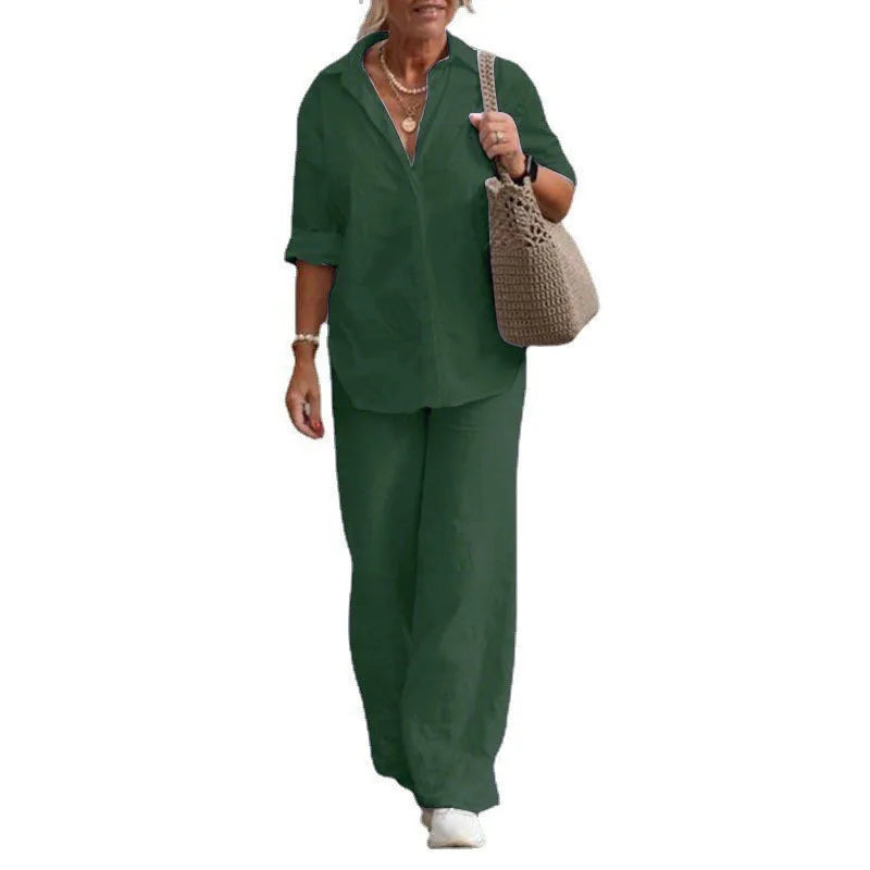 Women Casual Solid Color Pants Wide Leg Set