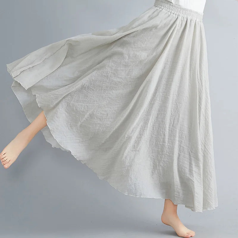 Women Loose Cotton Linen Elastic Waist A-line Solid Color Pleated Skirt