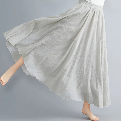 Women Loose Cotton Linen Elastic Waist A-line Solid Color Pleated Skirt