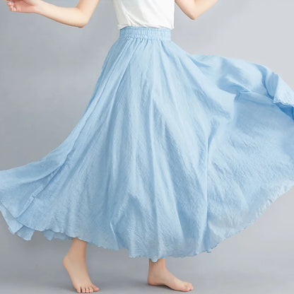 Women Loose Cotton Linen Elastic Waist A-line Solid Color Pleated Skirt