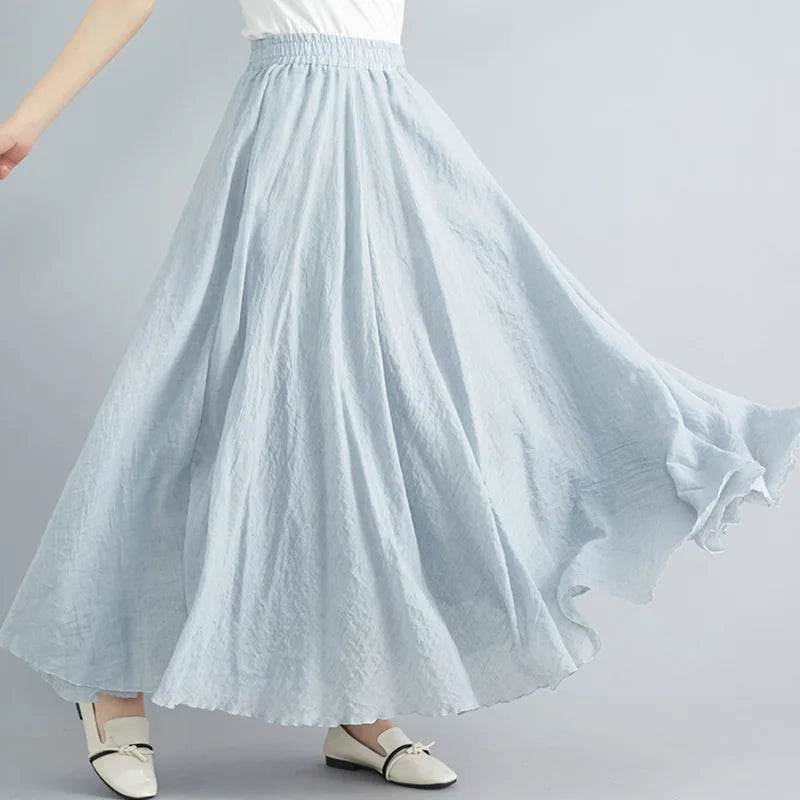 Women Loose Cotton Linen Elastic Waist A-line Solid Color Pleated Skirt