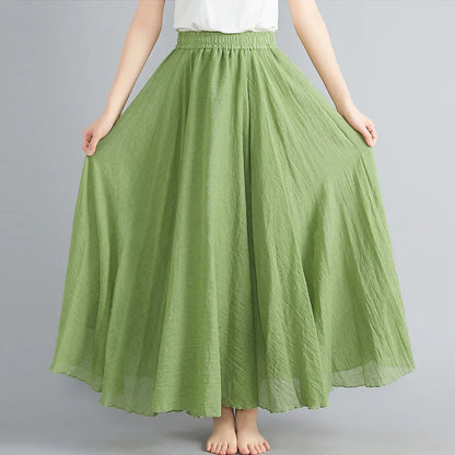 Women Loose Cotton Linen Elastic Waist A-line Solid Color Pleated Skirt