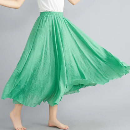 Women Loose Cotton Linen Elastic Waist A-line Solid Color Pleated Skirt