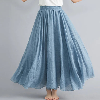 Women Loose Cotton Linen Elastic Waist A-line Solid Color Pleated Skirt