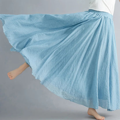 Women Loose Cotton Linen Elastic Waist A-line Solid Color Pleated Skirt