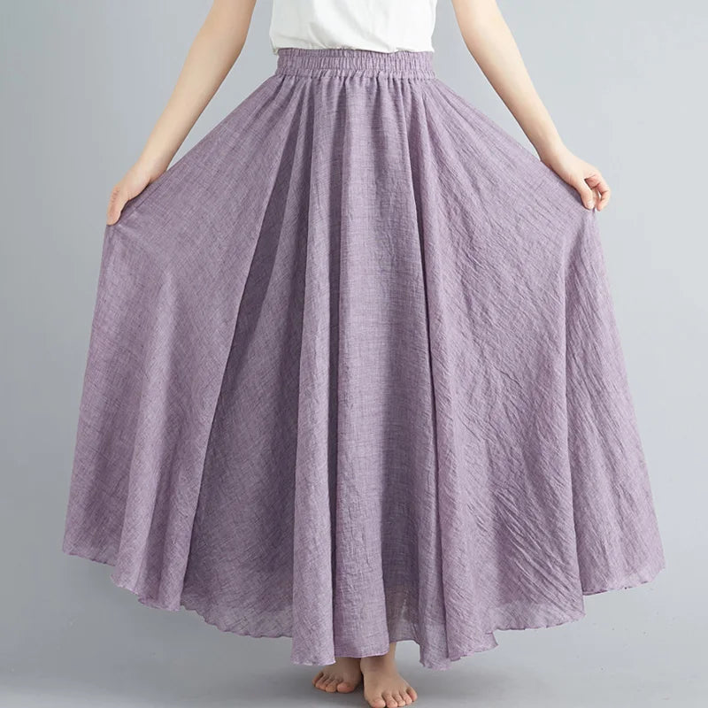 Women Loose Cotton Linen Elastic Waist A-line Solid Color Pleated Skirt