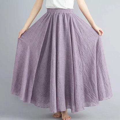 Women Loose Cotton Linen Elastic Waist A-line Solid Color Pleated Skirt