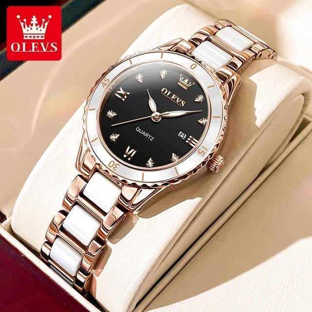 OLEVS 9985 Women’s Quartz Wristwatch – Original Brand Luxury Ceramic & Stainless Steel Waterproof Ladies Watch, Elegant Female Gift (Reloj / Montre Femme)