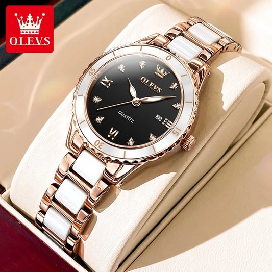 OLEVS 9985 Women’s Quartz Wristwatch – Original Brand Luxury Ceramic & Stainless Steel Waterproof Ladies Watch, Elegant Female Gift (Reloj / Montre Femme)