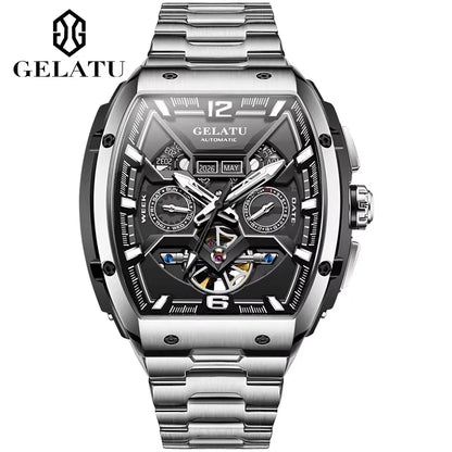 Gelatu 6013 Luxury Men's Skeleton Watch – Stainless Steel Automatic Mechanical Wristwatch