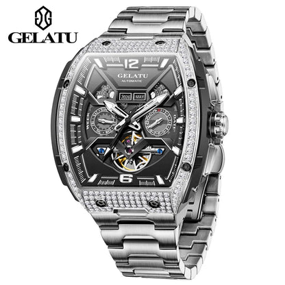 Gelatu 6016 Men's Fashion Automatic Mechanical Watch with Stainless Steel Strap – Waterproof Branded Wristwatch