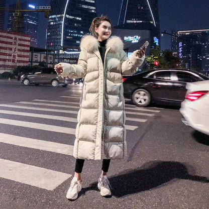 Women's Winter Over-Knee Long Coat - Loose Hooded Parka with Detachable Fur Collar, Thick Warm Cotton-Padded Jacket, Outerwear Jeanne